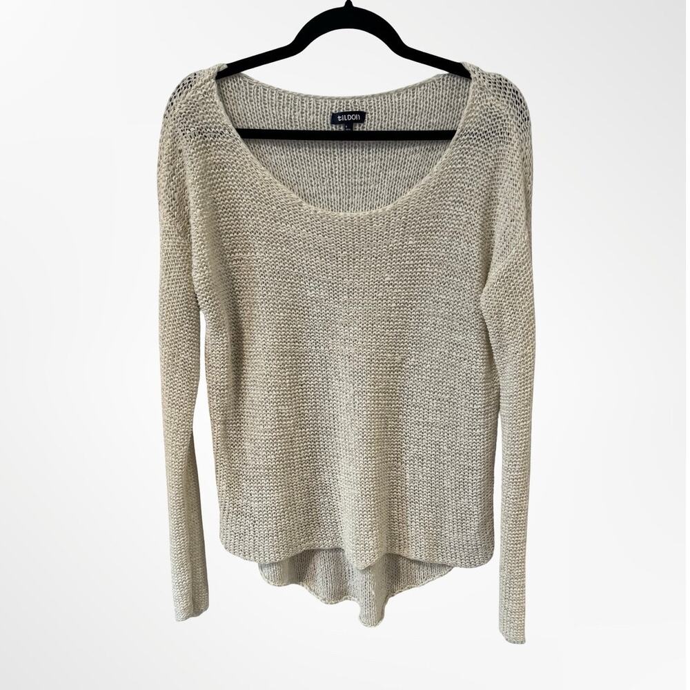 Tildon Knit Crochet Sweater Cream Scoop Neck Long Sleeve Size Medium
